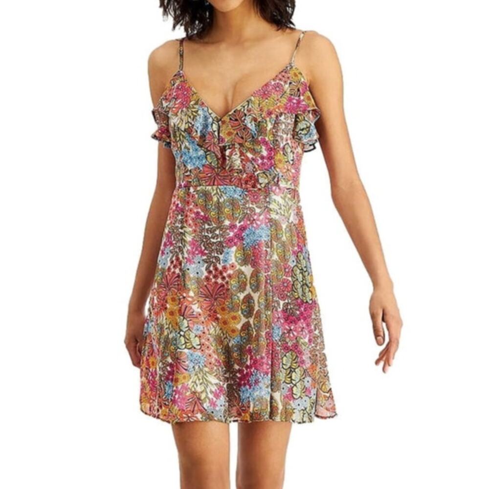 Bar III Cream Multicolor Floral Ruffle V-Neck Spaghetti Strap Mini Dress Size S